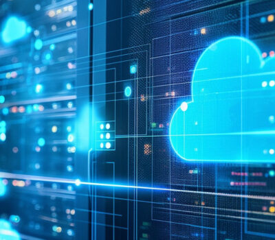 digital image of a clkoud server scheme, server hardware in the background