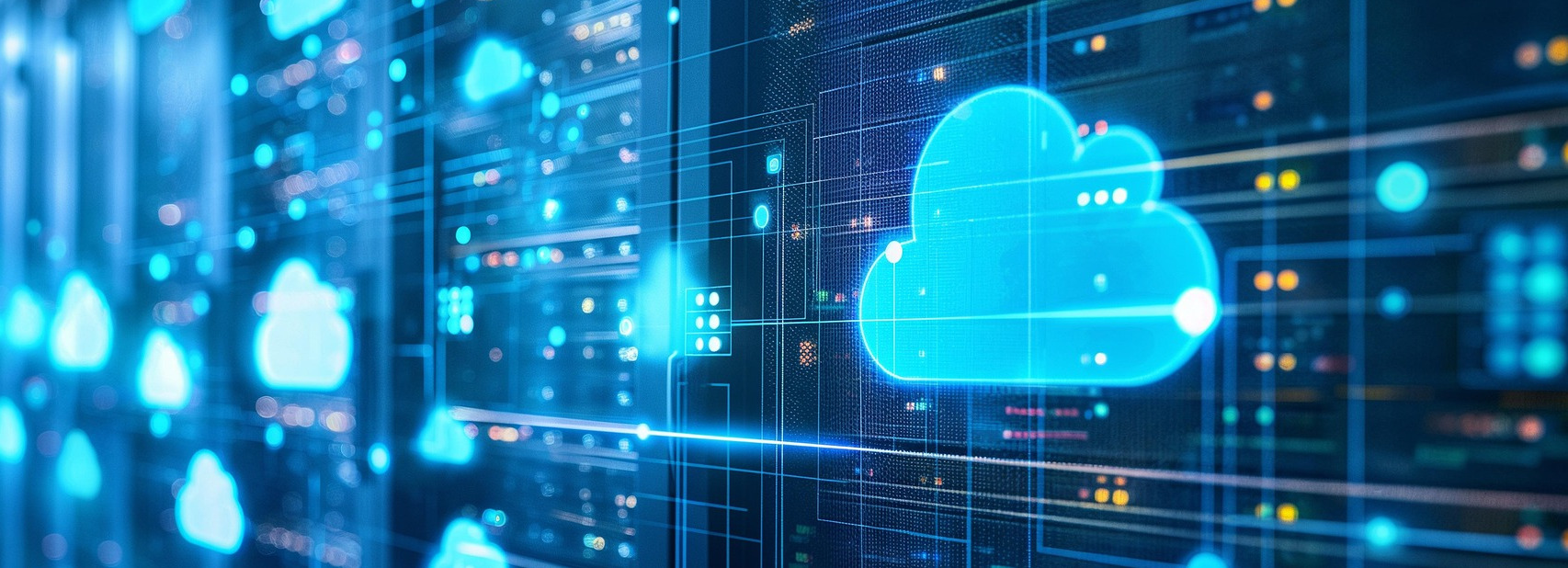 digital image of a clkoud server scheme, server hardware in the background